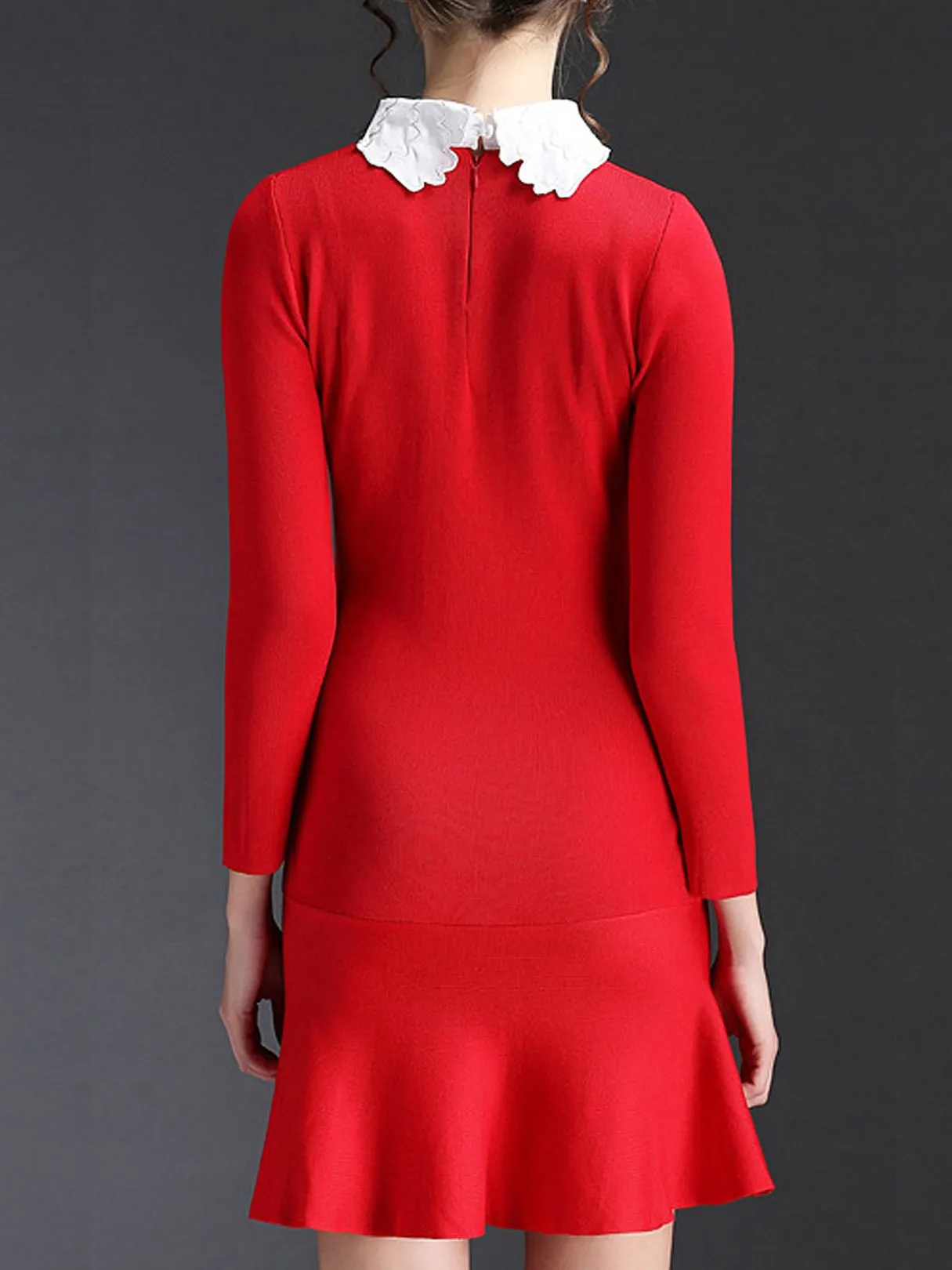 Wholesale Red Long Sleeve Embroidered Plain Flounced Hem Mini Dress