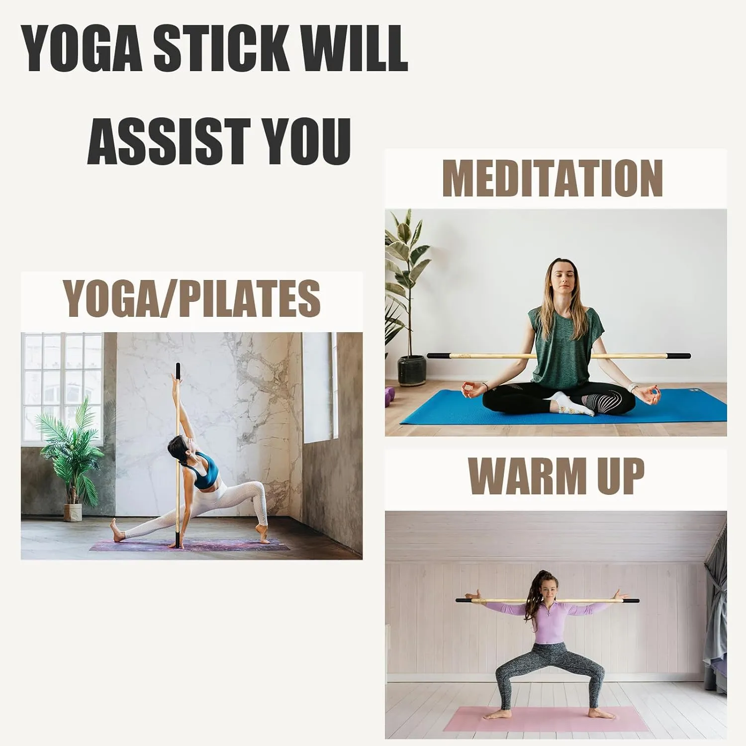 Yoga Stick W/ Non-Slip Rubber Ends for Flexibility, Posture Correction, Balance